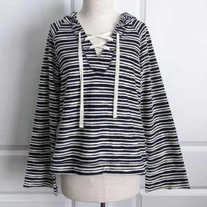 Sanctuary Baja Hoodie Lace Up V-Neck Striped Long Sleeve Navy Off White L NWT